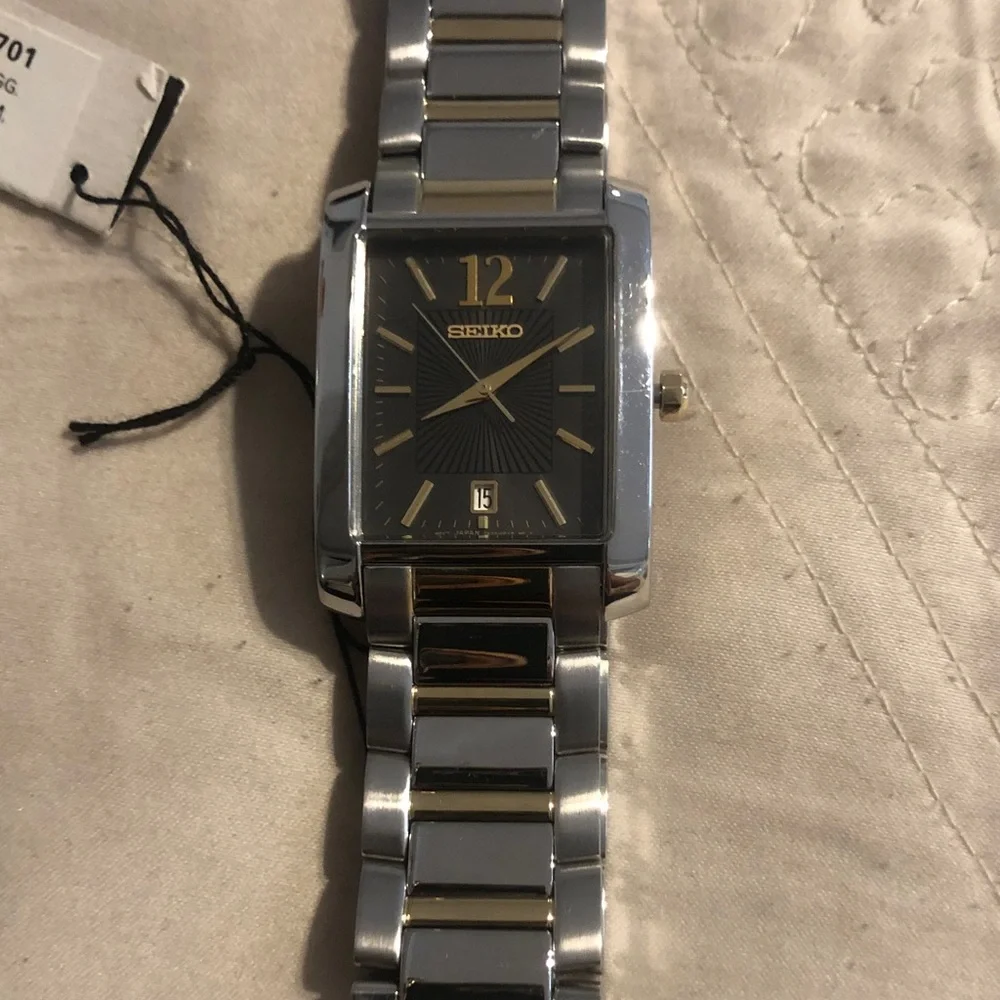 Seiko Men's Silver Stainless Steel Rectangular Watch with Black Dial